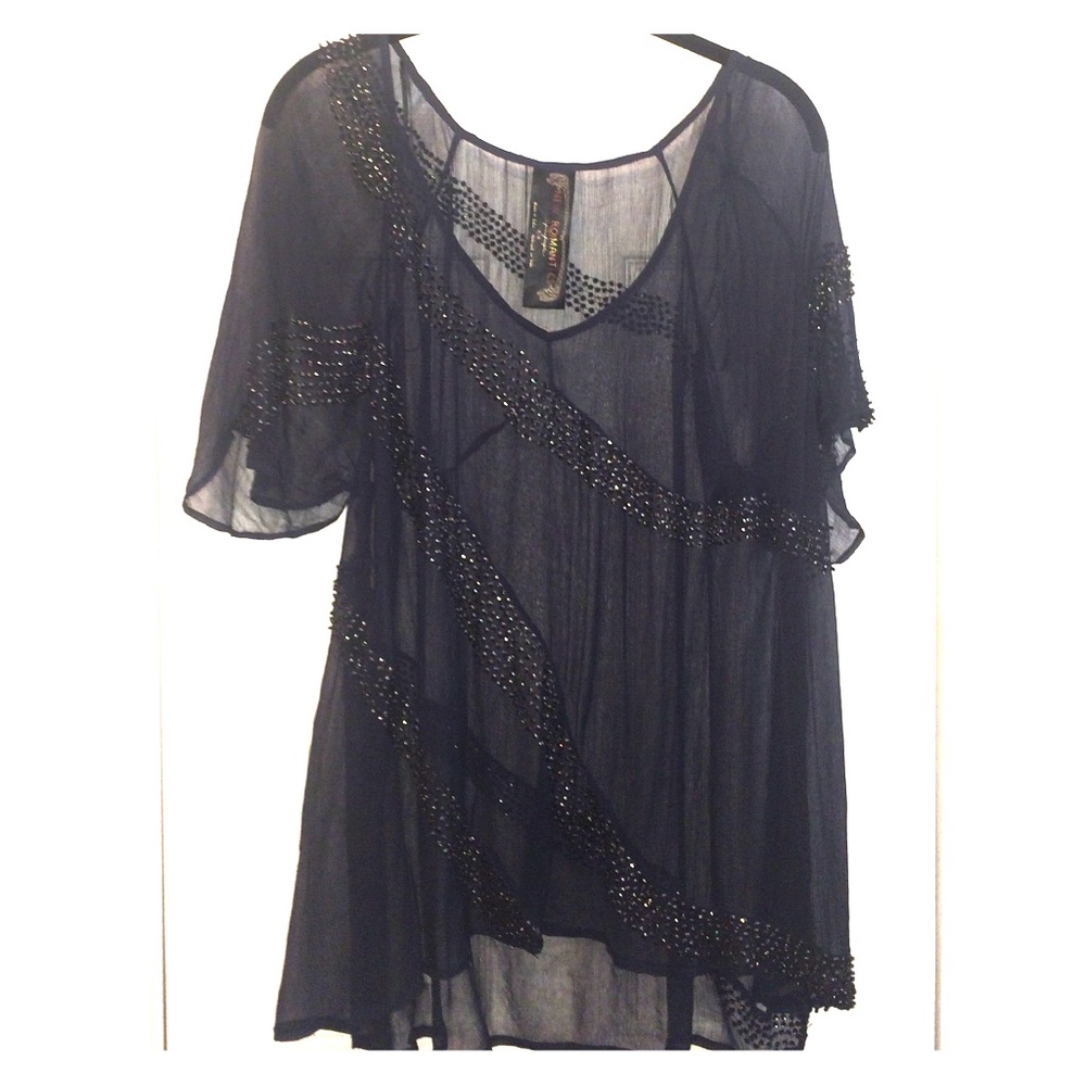 NWOT Free People navy beaded sheer top